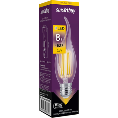 Светодиодная лампа Smartbuy LED, свеча на ветру, FIL C37-8W00/E27 SBL-C37FCan-8-30K-E27