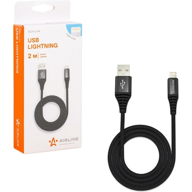 Кабель AIRLINE USB - Lightning Iphone/IPad 2м, черный нейлоновый ACH-C-44