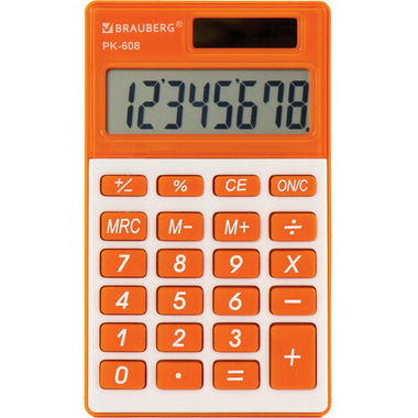 Карманный калькулятор BRAUBERG PK-608-RG 107x64 мм, 8 разрядов, двойное питание, оранжевый 250522