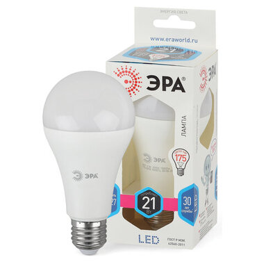 Лампа светодиодная ЭРА, 21 (75) Вт, цоколь E27, груша, нейтральный белый, 25000 ч, smd A65-21w-840-E27 ERA