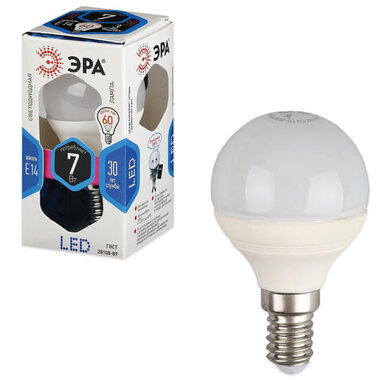 Лампа светодиодная ЭРА, 7 (60) Вт, цоколь E14, шар, холодный белый свет, 30000 ч., LED smdP45-7w-840-E14 ERA