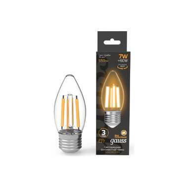 Лампа Gauss Filament Свеча 7W 550lm 2700К Е27 LED 1/10/50 103802107