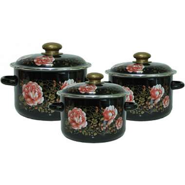 Набор эмалированной посуды Сибирские товары 3 предмета №15 черный с деколью Пионы 2, 3, 4 л N15N120 ТП8298