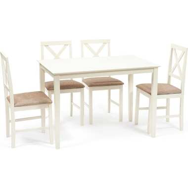 Обеденный комплект Tetchair Hudson (хадсон) (стол + 4 стула) дерево гевея/МДФ, стол: 110x70x75 см / стул: 44x42x89 см, ivory white (слоновая кость), ткань коричнево-золотистая 13692