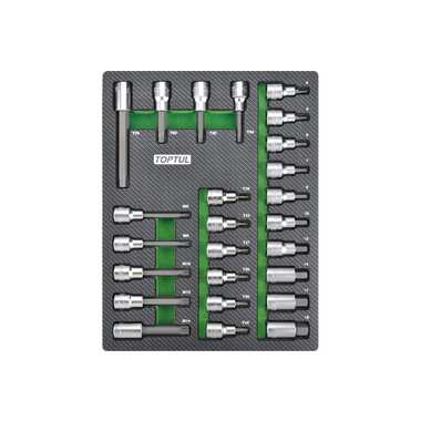 Набор головок торцевых с насадками Hex, Torx, Spline, 25 предметов, 1/2"DR, в мягком ложементе TOPTUL GEB2501