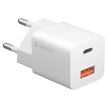 Сетевое зарядное устройство Deppa USB-C + USB-A, PD 3. 0, QC 3. 0, GaN, 20Вт, белый 11410