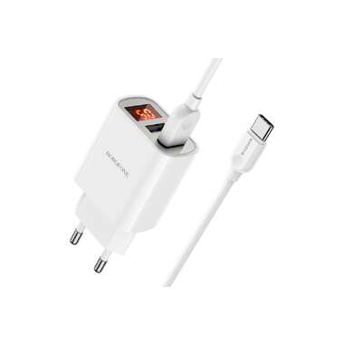 СЗУ Borofone ba58a mighty 2xusb, 2.4а, led дисплей + кабель usb type-c, 1м (белый) 0L-00051172