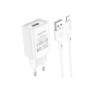 СЗУ Borofone ba68a glacier 1xusb, 2.1а + кабель lightning 8-pin, 1м (белый) 0L-00055773