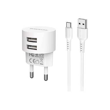 Сетевое зарядное устройство Borofone ba23a brilliant 2xusb, 2.4а + кабель type-c, 1м, белый 0L-00044347