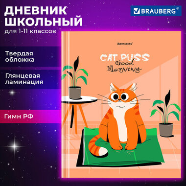 Дневник 1-11 класс 40 л., твердый, BRAUBERG, глянцевая ламинация, "Cute cat", 106852