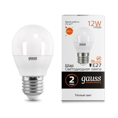 Лампа Gauss LED Elementary Шар 12W 880lm E27 3000K 53212