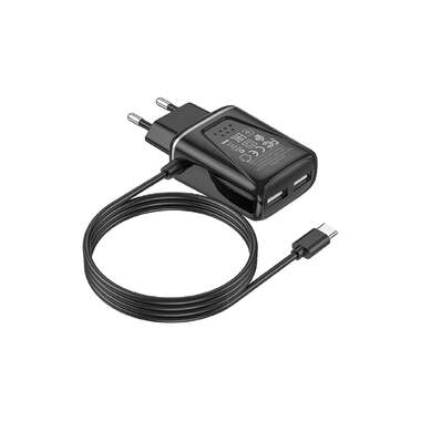 СЗУ Borofone ba50a beneficence 2xusb, 2.1а, интегрированный кабель type-c, 1м (черный) 0L-MG-WF316