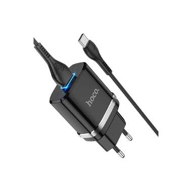 Сетевое зарядное устройство Hoco n1 ardent 1xusb, 2.4а, led + usb кабель type-c, 1м (черный) 0L-MG-WF339