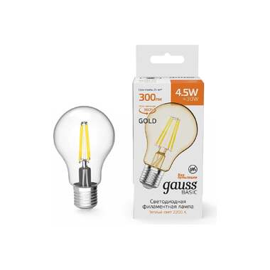 Лампа Gauss Basic Filament А60 4,5W 300lm 2200К Е27 golden LED 1021245