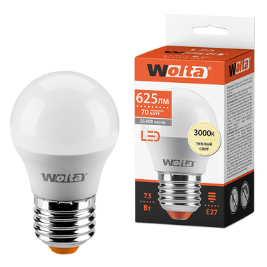 Лампа Wolta ШАР 7.5 Вт LED, 3000K, 25Y45GL7.5E27